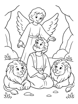 Free printable Daniel With Angel And Friendly Lions coloring page