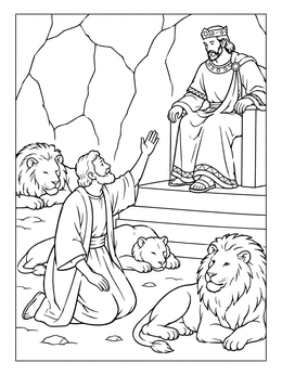 A daniel in the lions den coloring page showing Daniel kneeling by peaceful lions before King Darius.