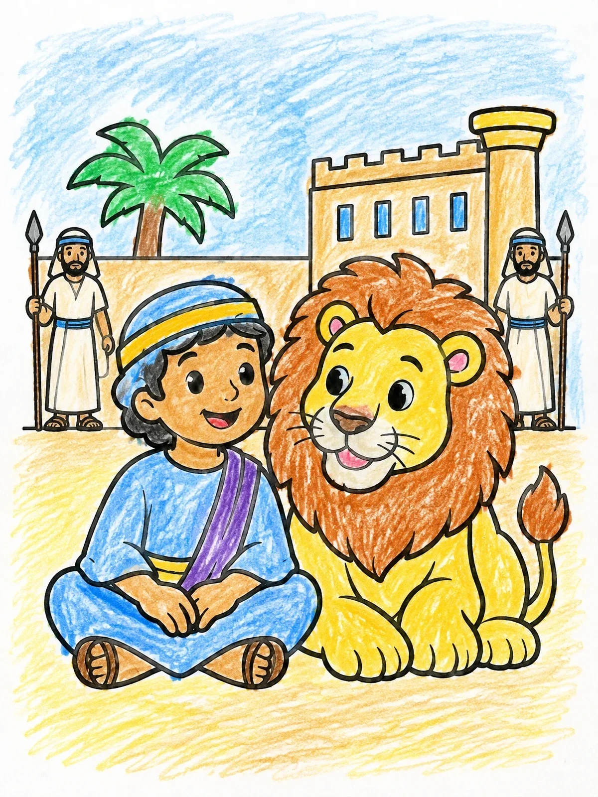Colored example of the Daniel And Friendly Lion coloring page