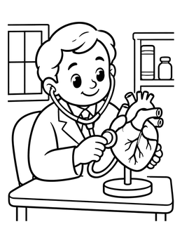 Free printable Young Doctor Examining Heart Model coloring page