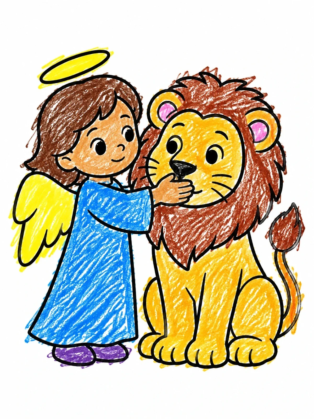 Colored example of the Angel And Friendly Lion coloring page