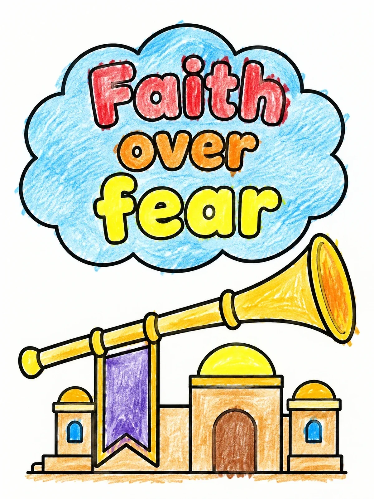 Colored example of the Faith Over Fear Palace Trumpet coloring page