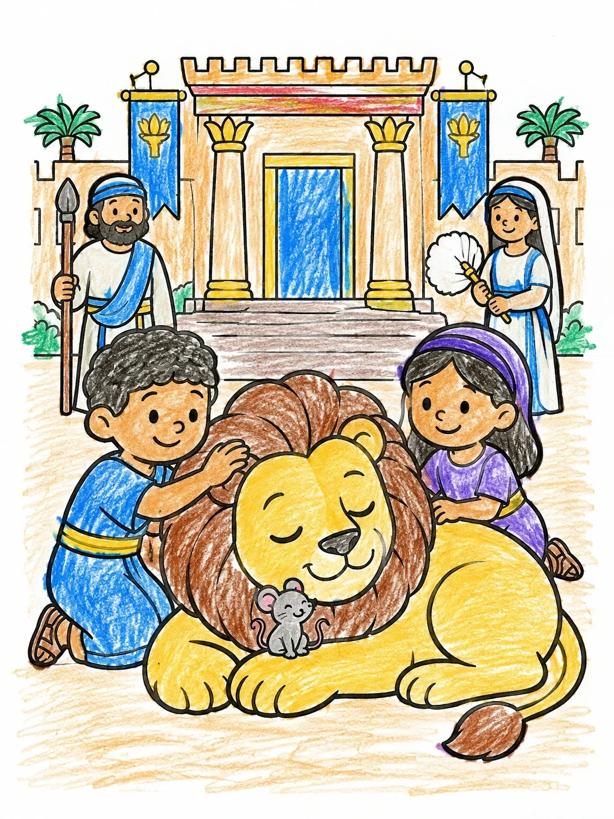 Colored example of the Friendly Lion And Children At Palace coloring page