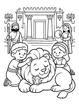 Free printable Friendly Lion And Children At Palace coloring page