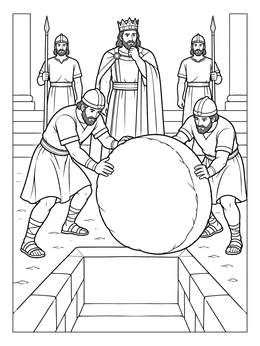 A daniel in the lions den coloring page showing guards rolling a heavy stone away as King Darius watches nervously.