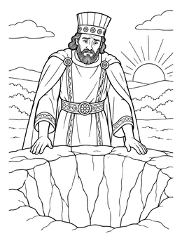 King Darius peers into the pit in this daniel in the lions den coloring page.