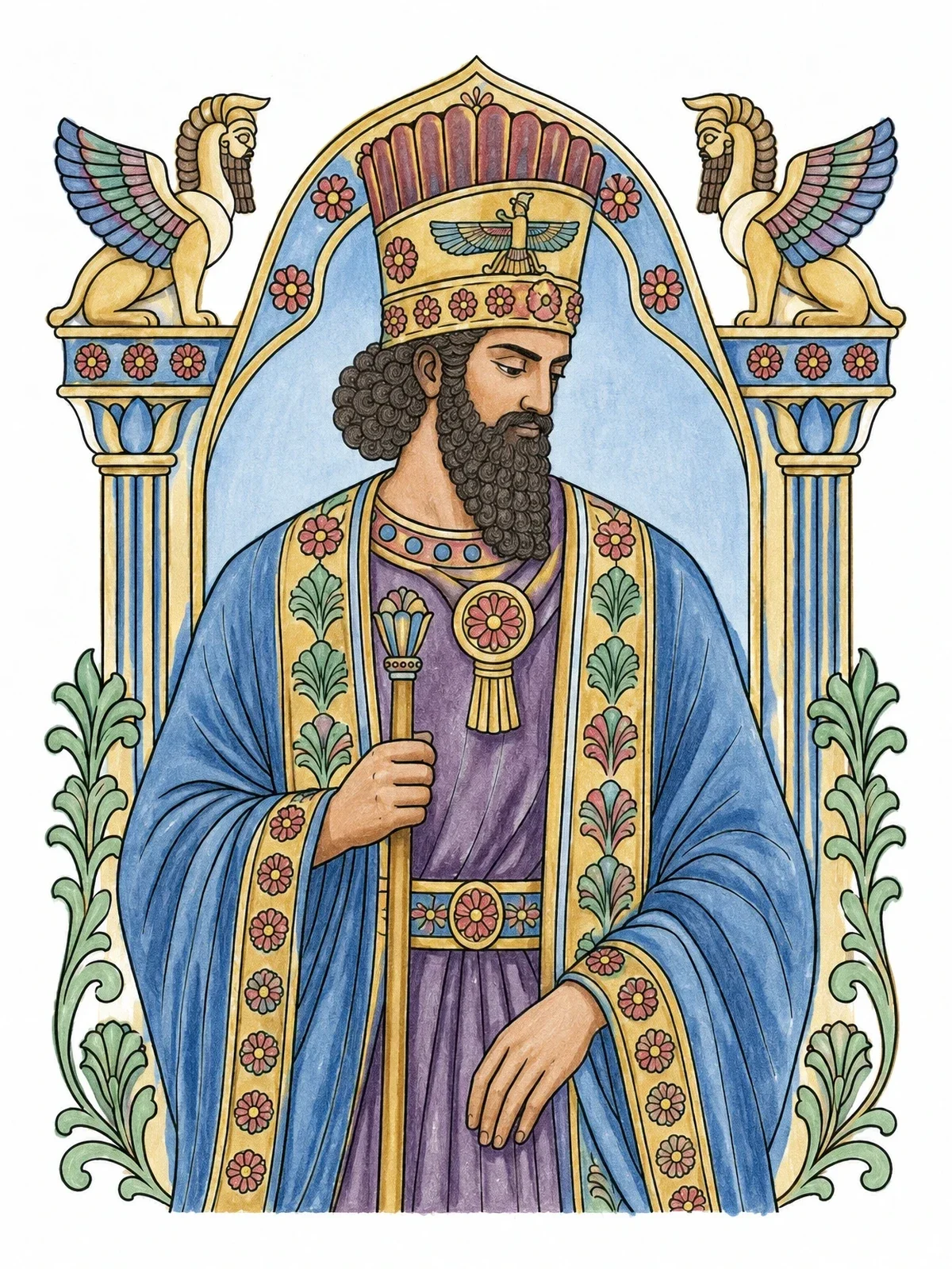 Colored example of the King Darius In Persian Robes coloring page