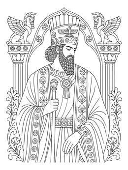 King Darius features in this detailed daniel in the lions den coloring page with ornate ancient Persian robes.
