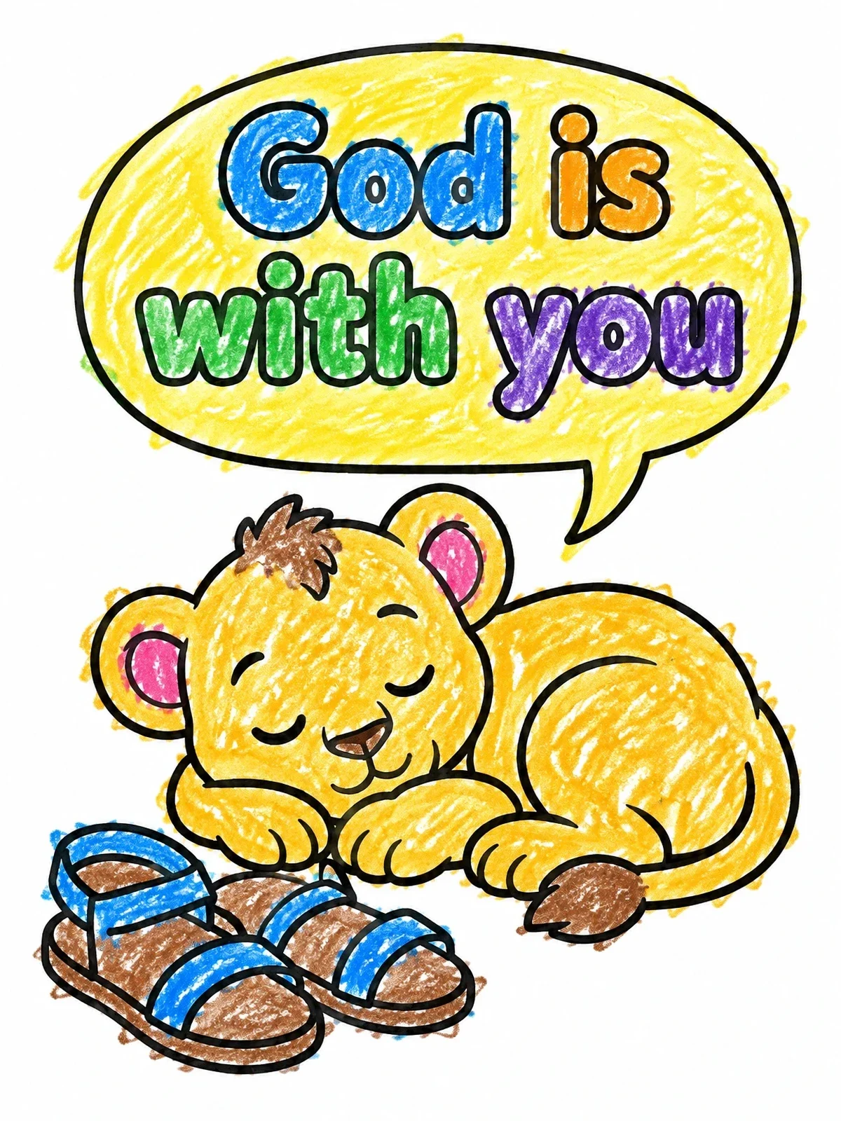 Colored example of the Sleeping Lion Cub And Sandals coloring page
