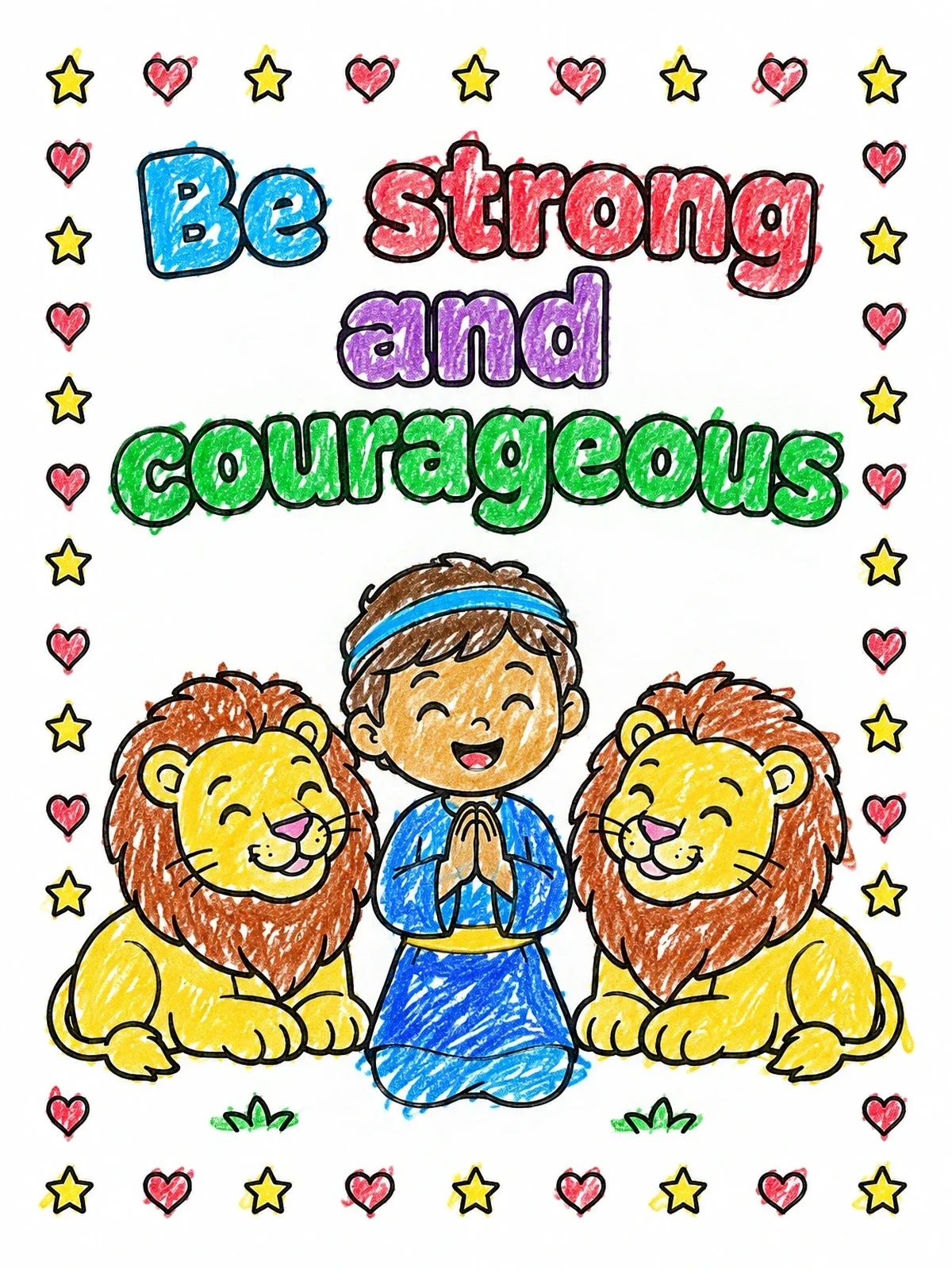 Colored example of the Daniel Praying With Friendly Lions coloring page