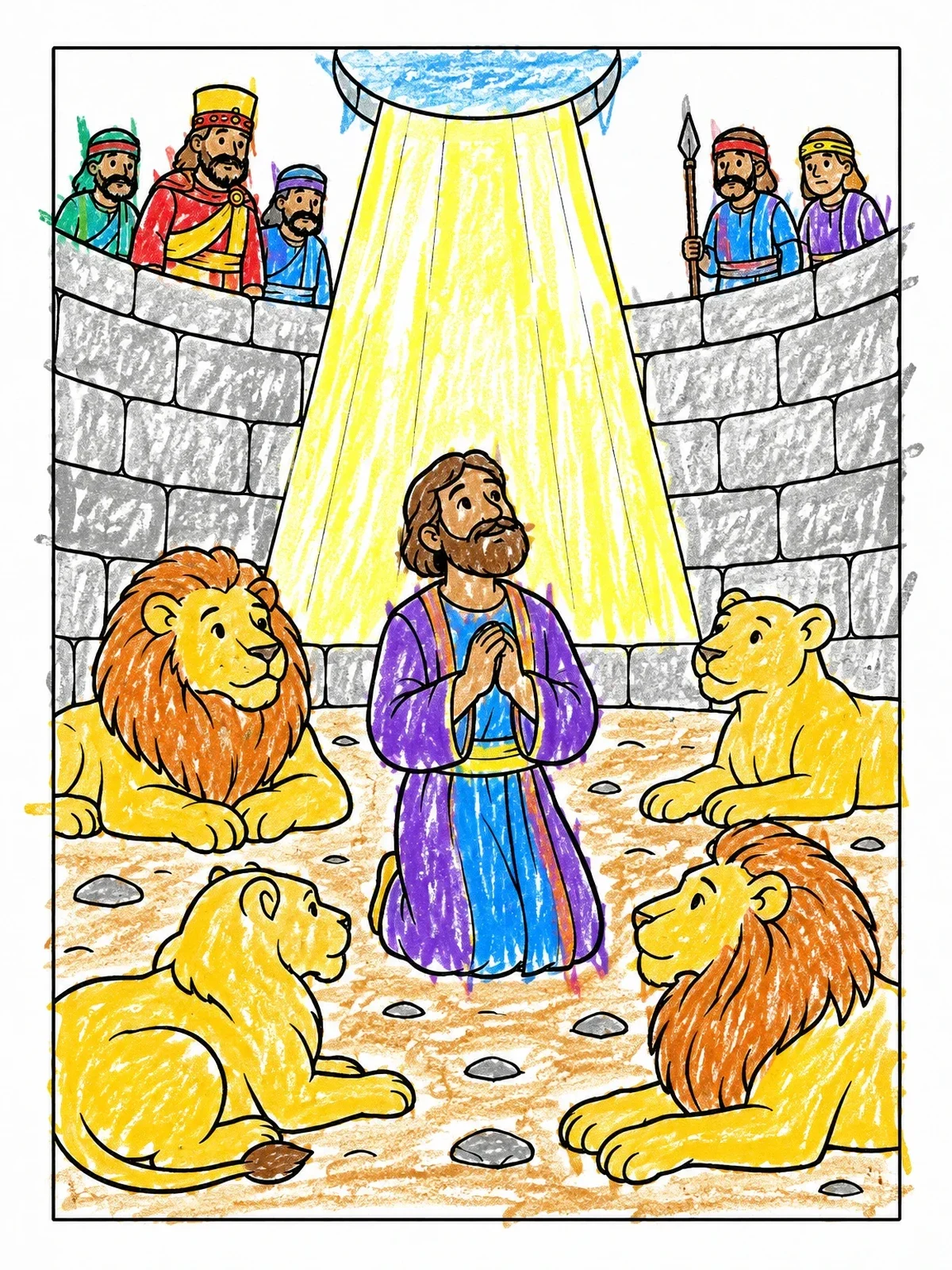 Colored example of the Daniel Praying In The Lions Den coloring page