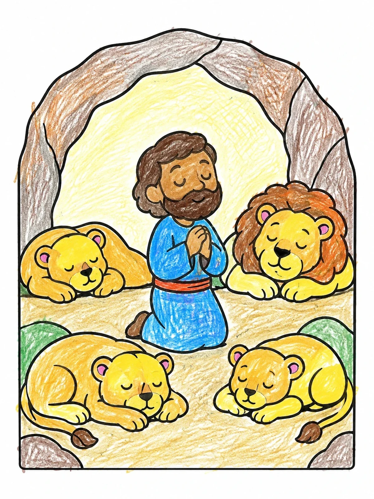 Colored example of the Daniel Praying Among Sleeping Lions coloring page