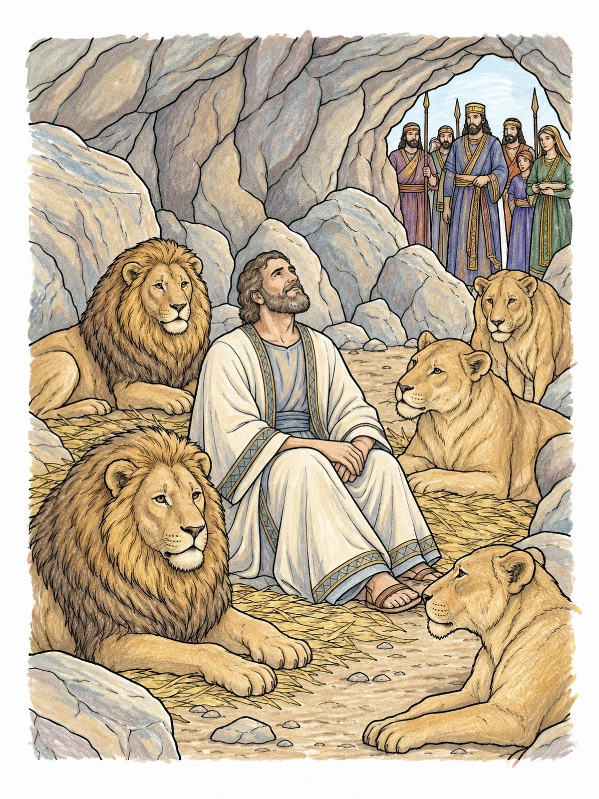Colored example of the Daniel Sitting Among Calm Lions coloring page