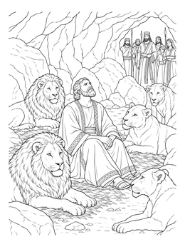 A serene daniel in the lions den coloring page showing Daniel surrounded by peaceful lions in a cave.