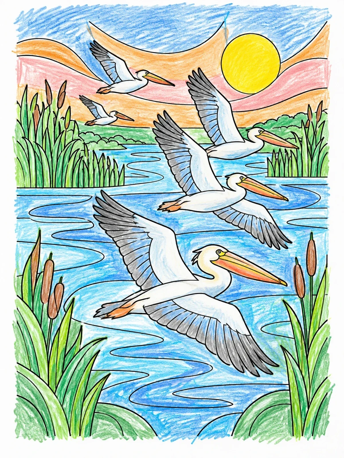 Colored example of the Pelicans Over Danube Delta coloring page