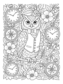 A detailed steampunk owl coloring page featuring an owl in a vest surrounded by clocks and leaves.