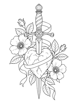 An ornate dagger piercing a heart with wild roses in this dark coloring page.