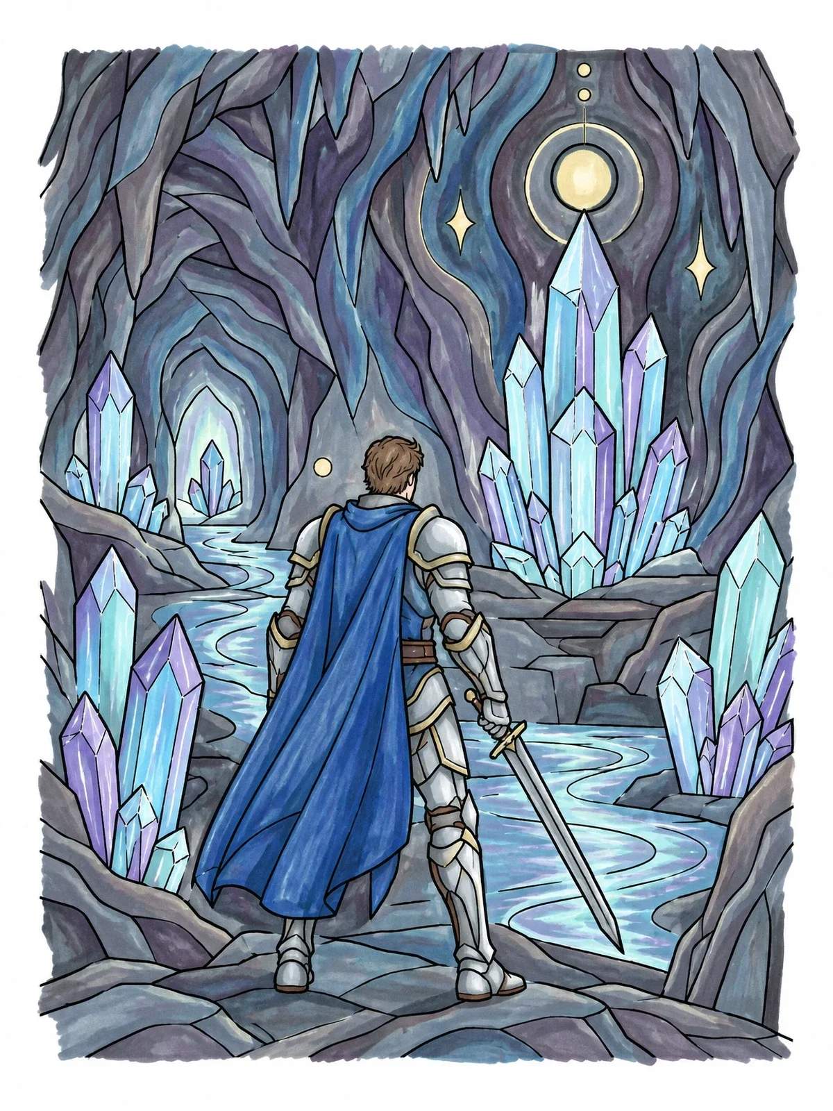 Colored example of the Armored Warrior In Crystal Cavern coloring page