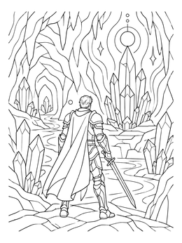 A warrior with a sword explores a cavern in this dark coloring page.