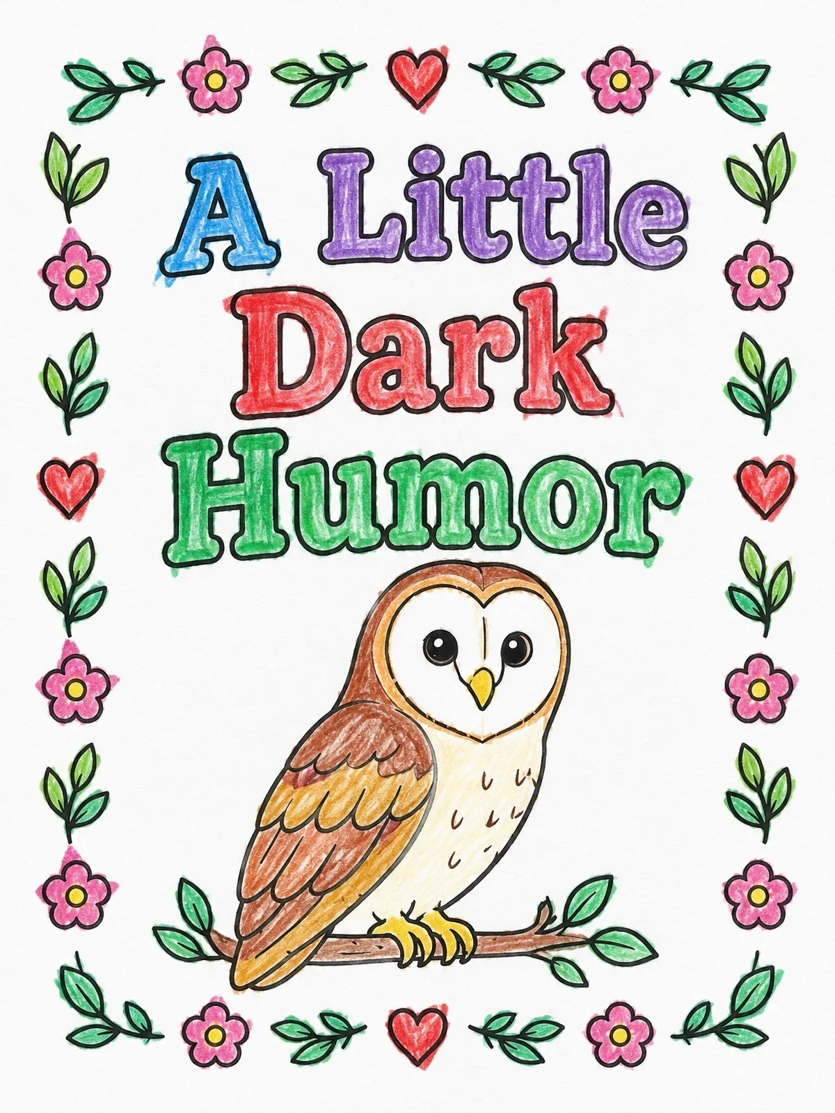Colored example of the Cute Barn Owl With Floral Border coloring page