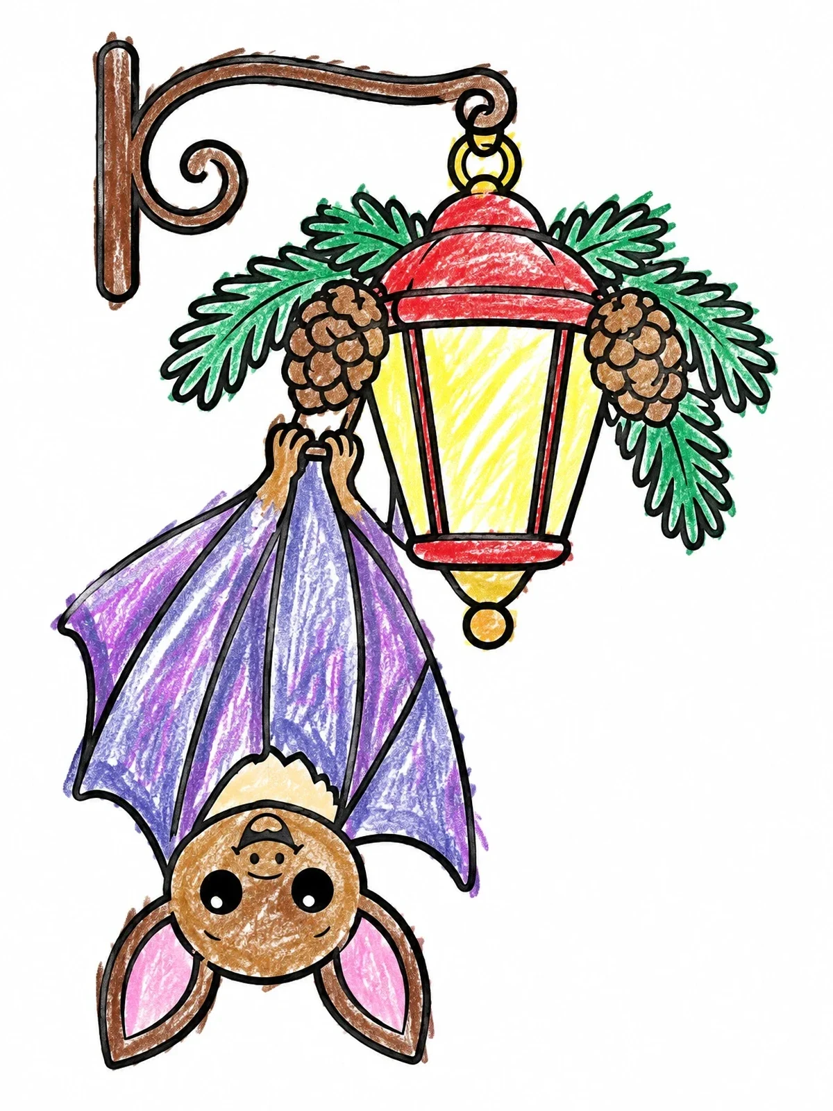 Colored example of the Cute Bat Hanging From Winter Lantern coloring page