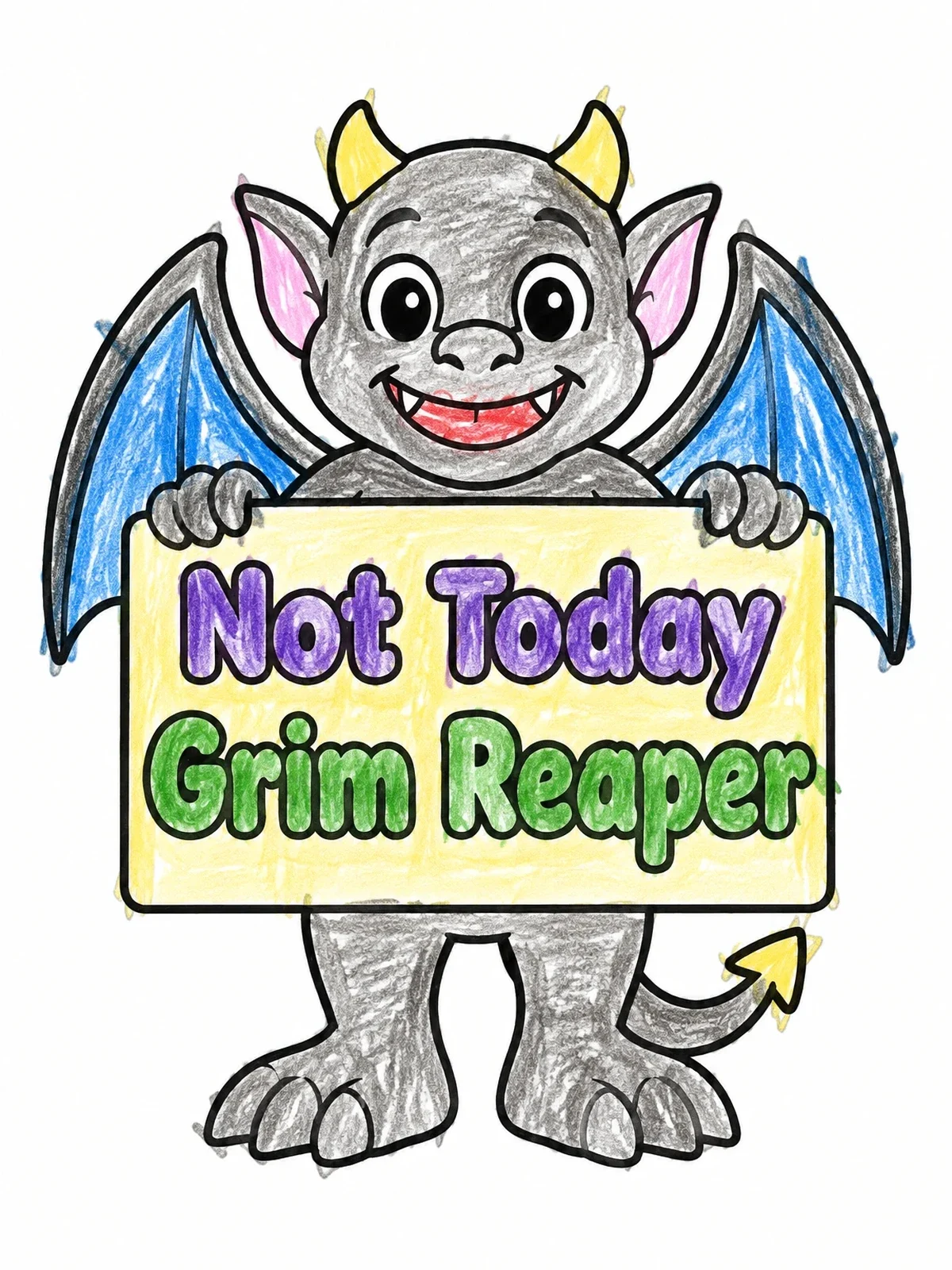 Colored example of the Cute Gargoyle Holding A Sign coloring page