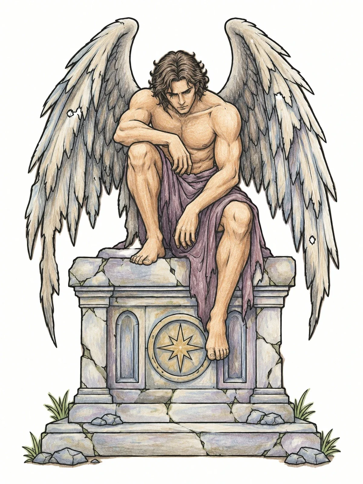 Colored example of the Fallen Angel On Stone Altar coloring page