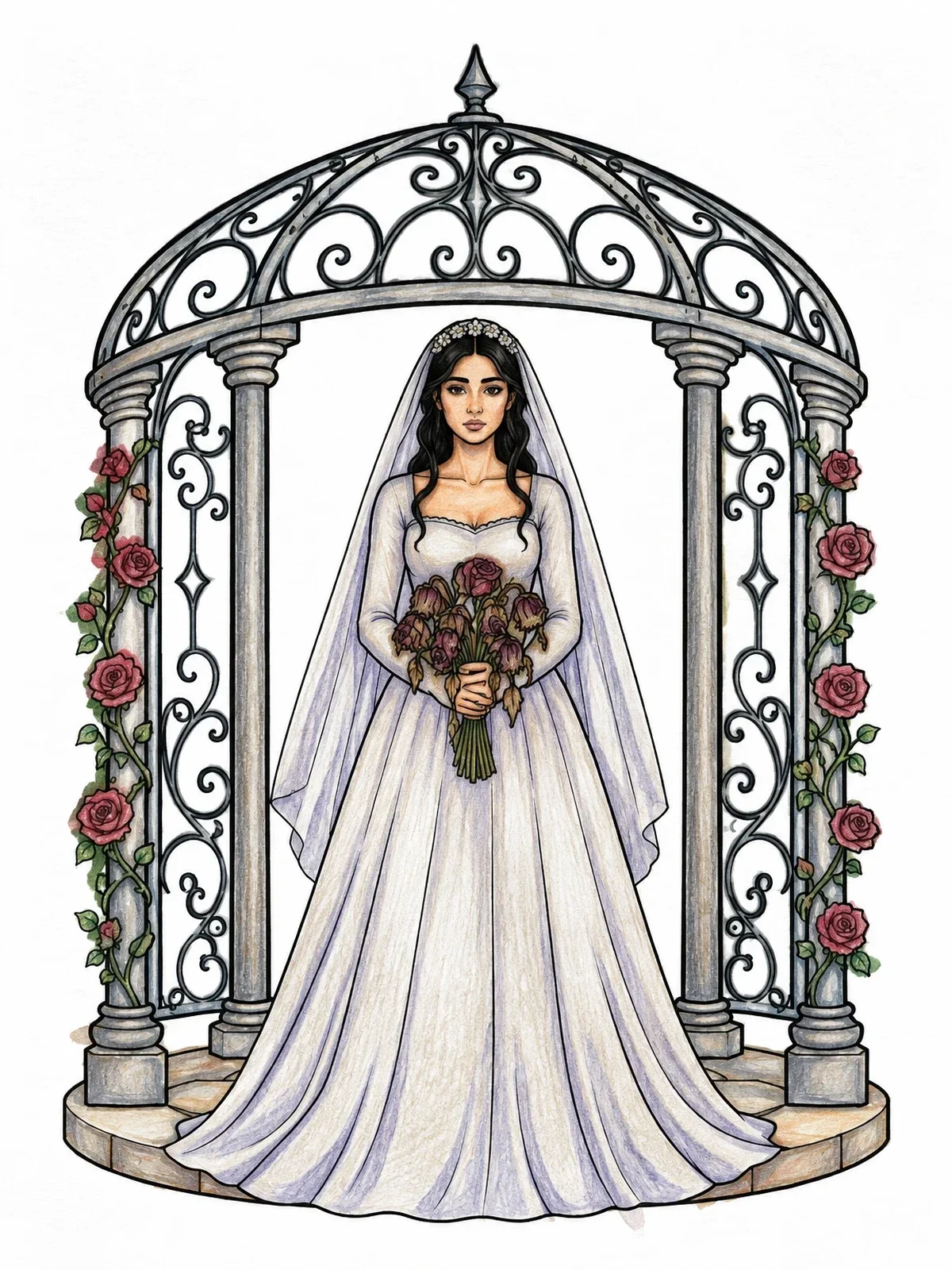 Colored example of the Gothic Bride In Ornate Gazebo coloring page