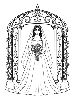 A bride in an iron gazebo holds flowers in this dark coloring page.