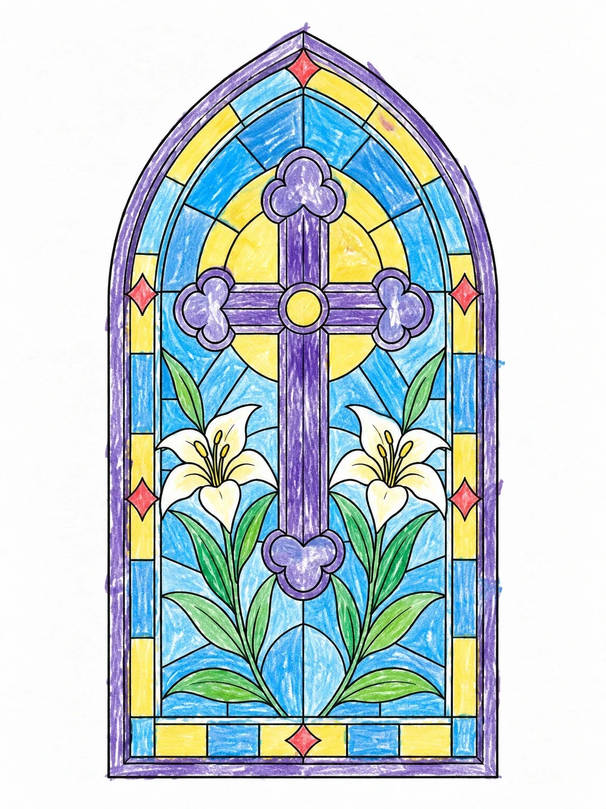 Colored example of the Gothic Cross Stained Glass Window coloring page