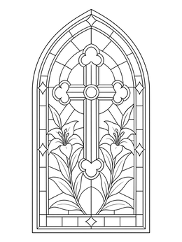 A cross and lilies in a gothic dark coloring page stained glass window.