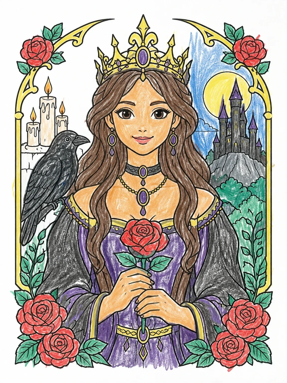 Colored example of the Gothic Princess With Raven And Rose coloring page