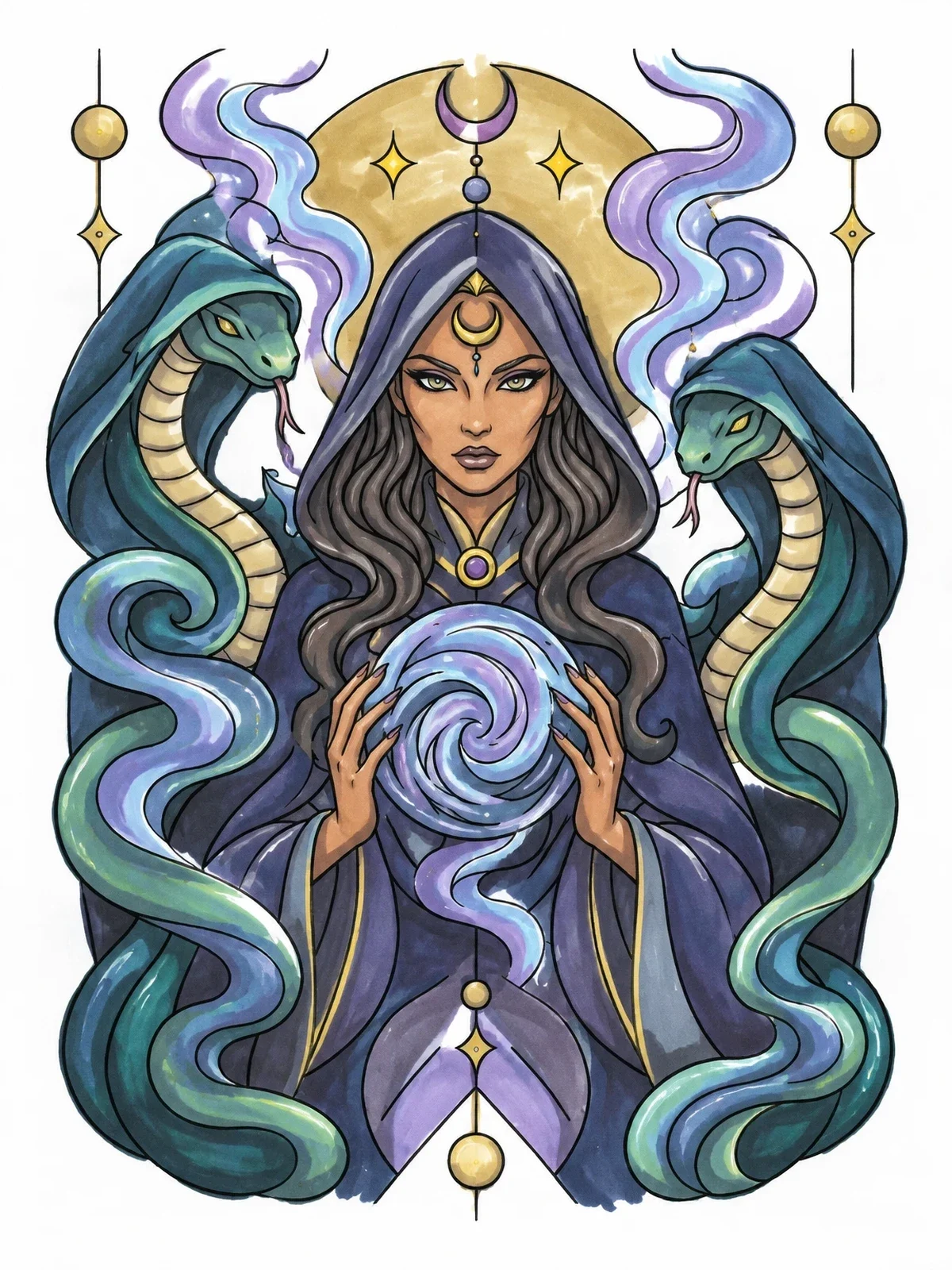 Colored example of the Sorceress With Swirling Orb And Serpents coloring page
