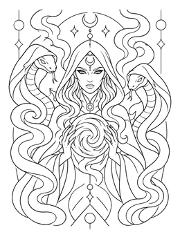 A mystical sorceress holding an orb flanked by snakes features in this dark coloring page.