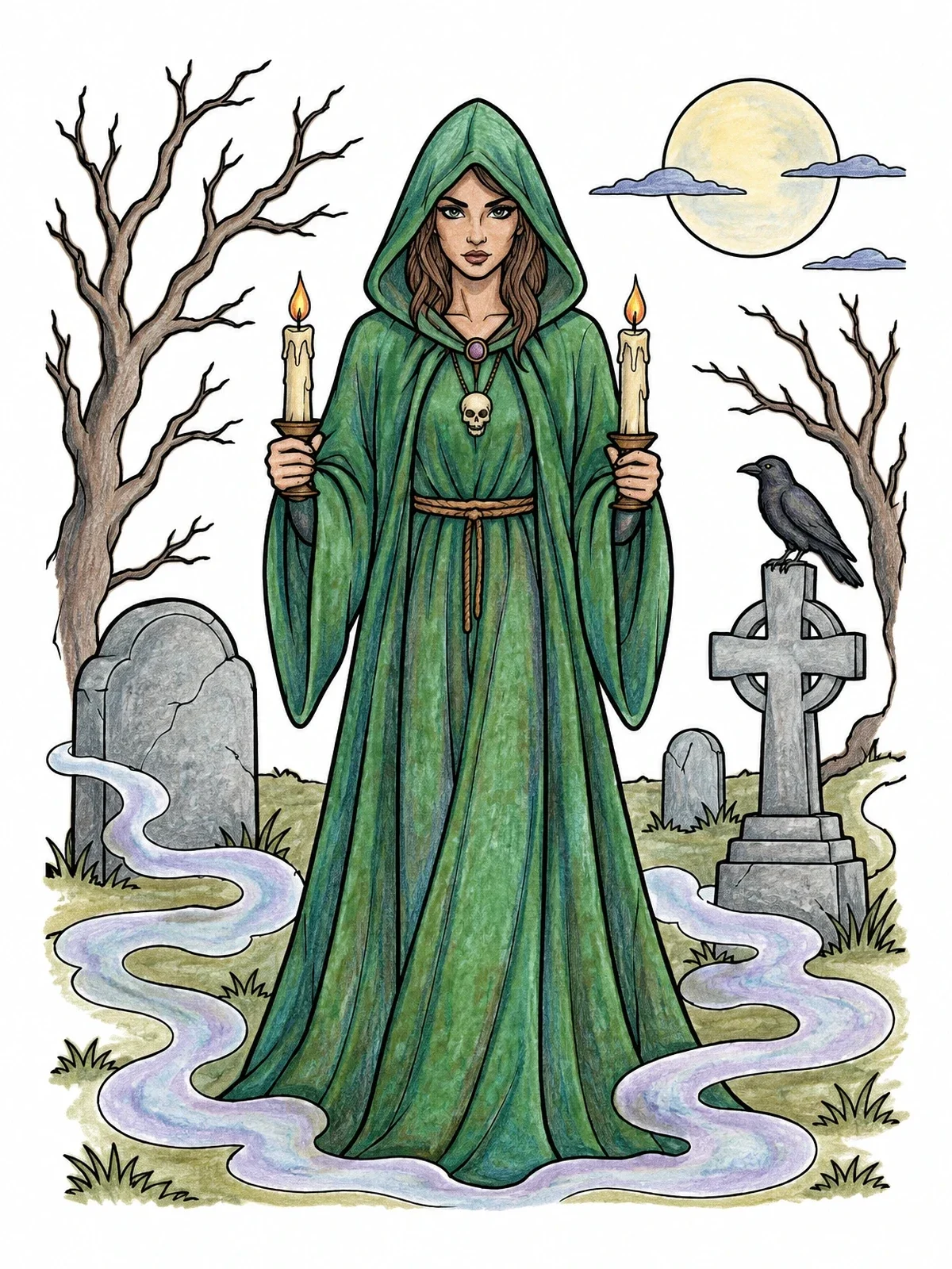 Colored example of the Hooded Sorceress In Graveyard coloring page