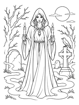 Free printable Hooded Sorceress In Graveyard coloring page