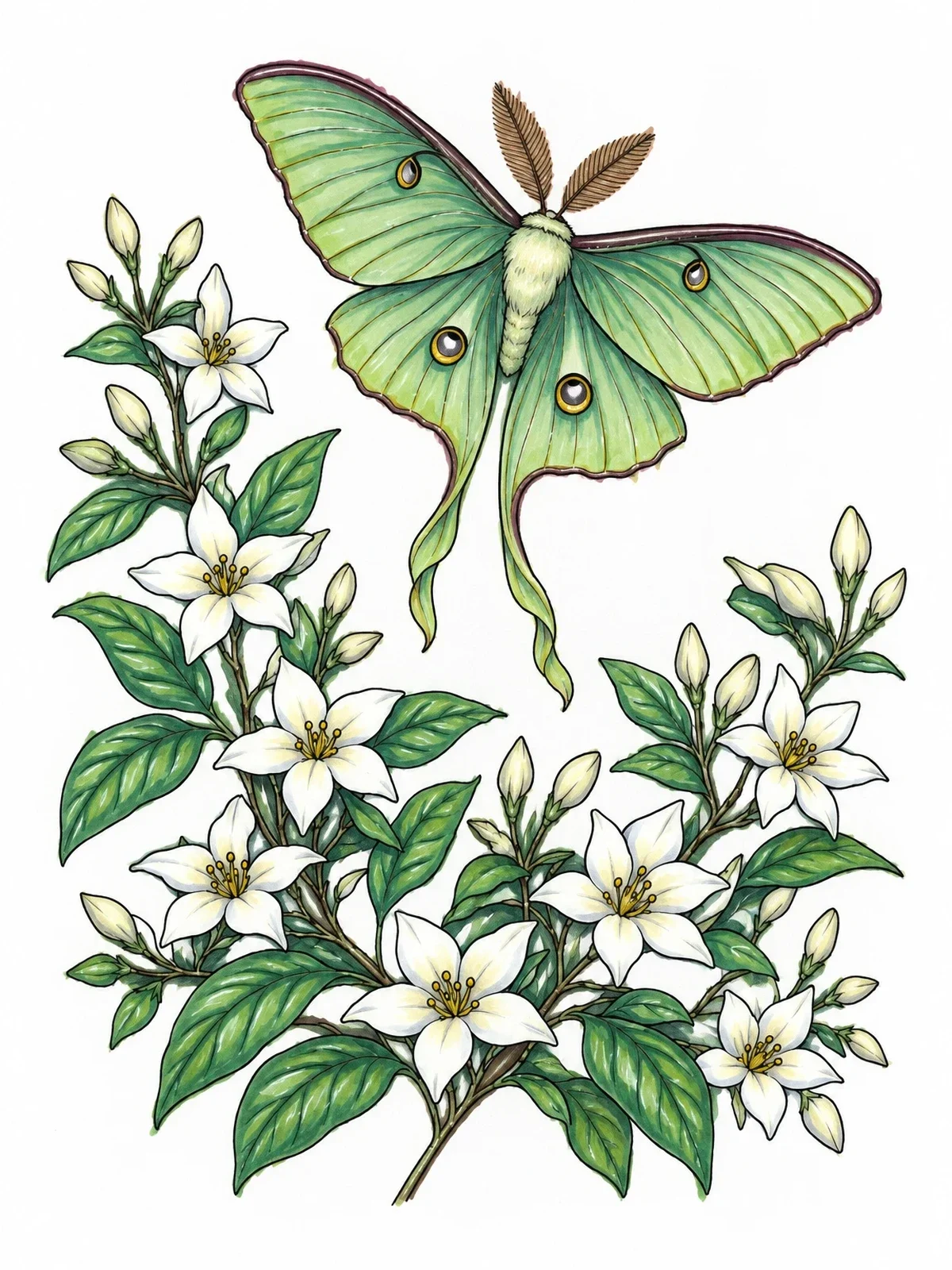 Colored example of the Luna Moth And Night Jasmine coloring page