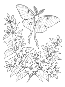A detailed dark coloring page featuring a graceful luna moth hovering above blooming night jasmine.
