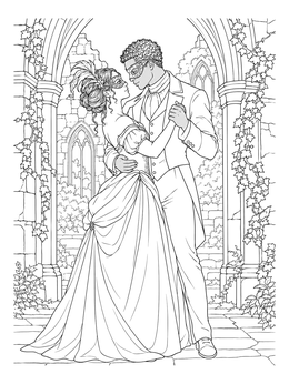 A masked ballroom couple dances near an archway in this dark coloring page.