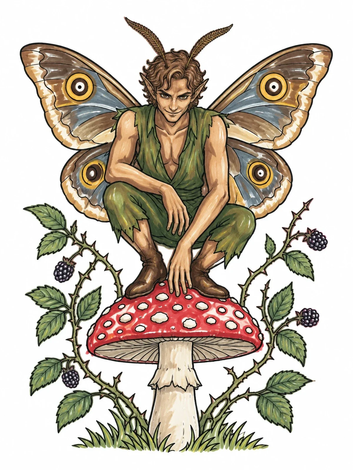 Colored example of the Moth Fairy On Spotted Mushroom coloring page