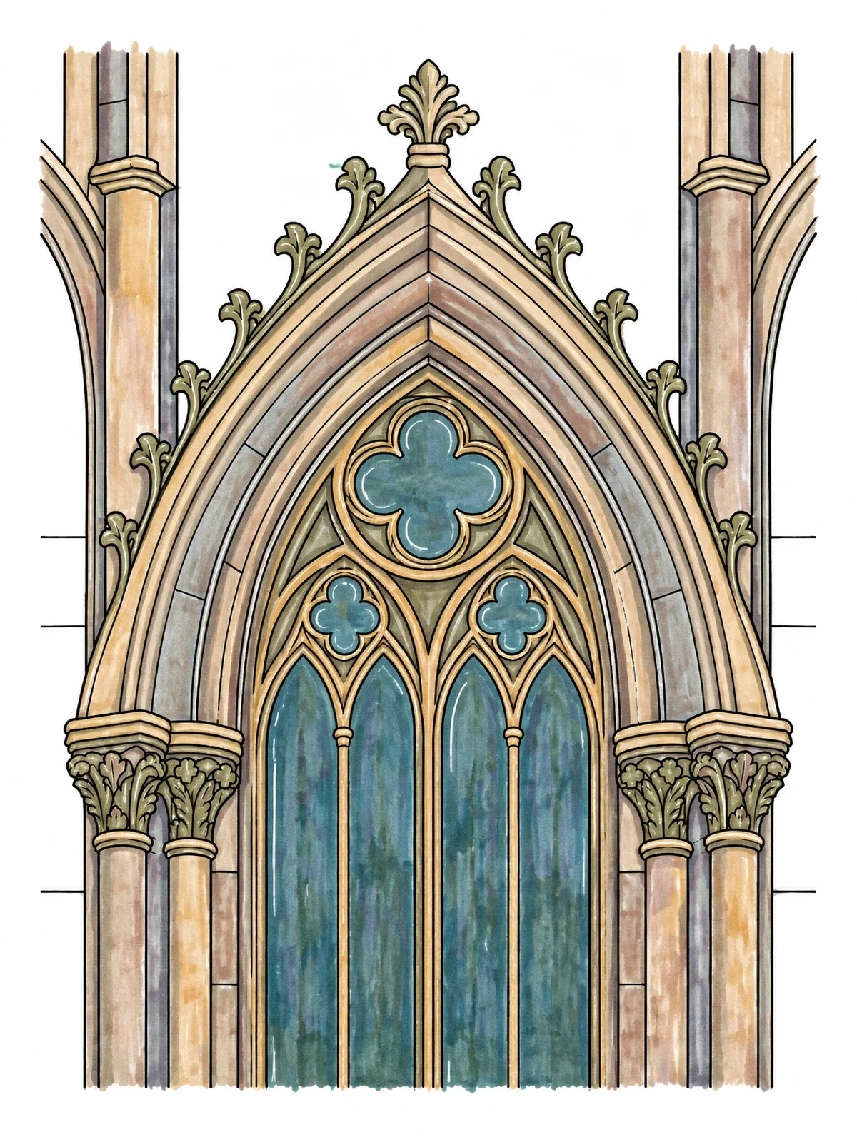 Colored example of the Ornate Gothic Cathedral Archway coloring page