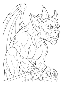 A detailed stone gargoyle on a ledge in this dark coloring page.