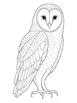 A detailed dark coloring page featuring a graceful barn owl standing upright.