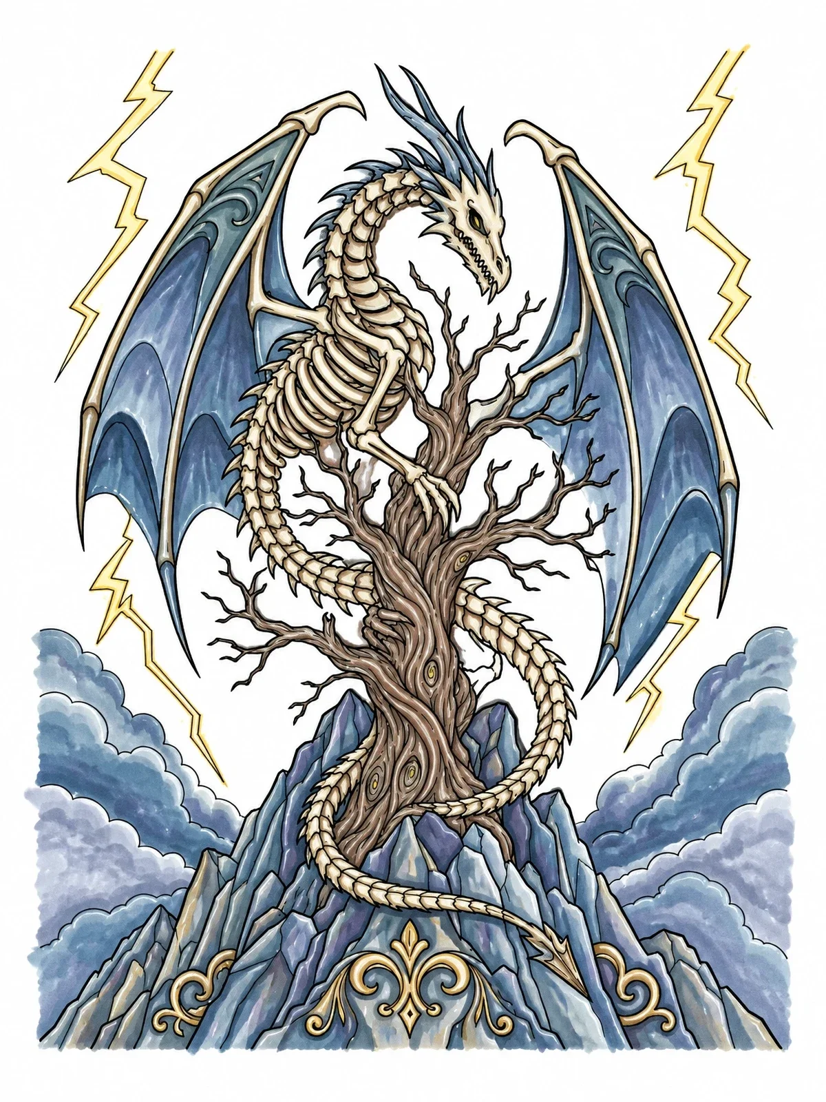 Colored example of the Skeletal Dragon On Mountain Tree coloring page