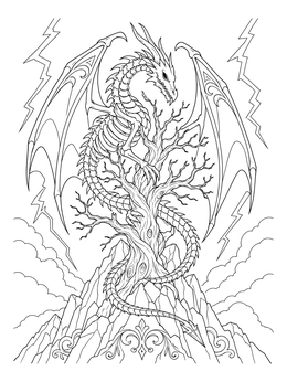 A skeletal dragon perches on a withered tree atop a mountain in this gothic dark coloring page.