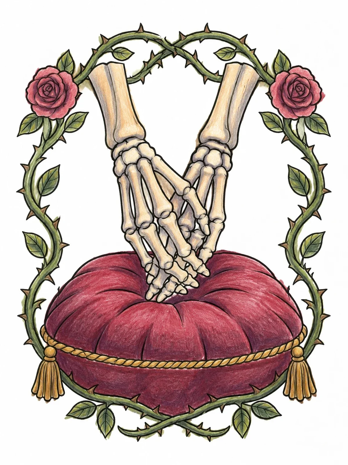 Colored example of the Skeletal Hands On Velvet Cushion coloring page