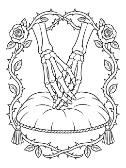 A dark coloring page featuring intertwined skeletal hands resting on a cushion with thorny roses.