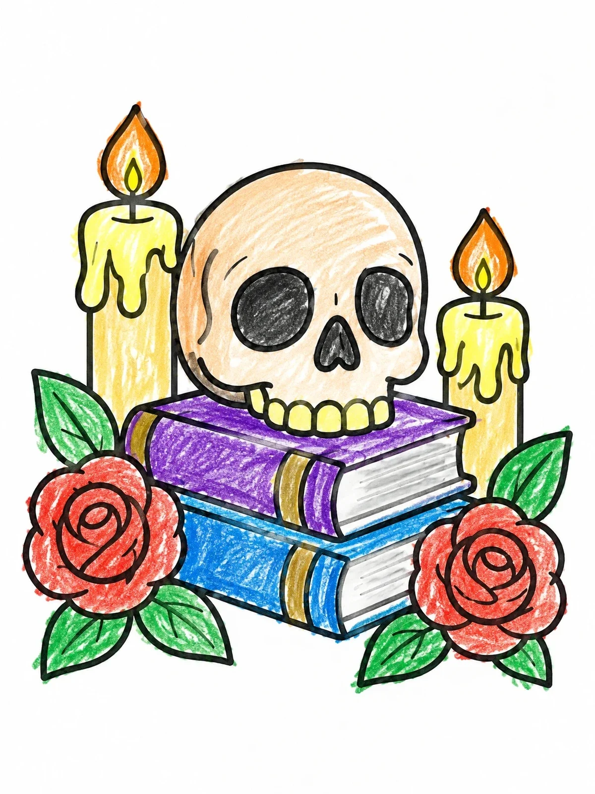 Colored example of the Skull On Books With Candles And Roses coloring page