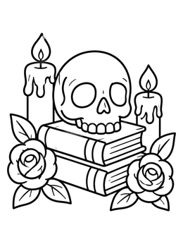 Free printable Skull On Books With Candles And Roses coloring page