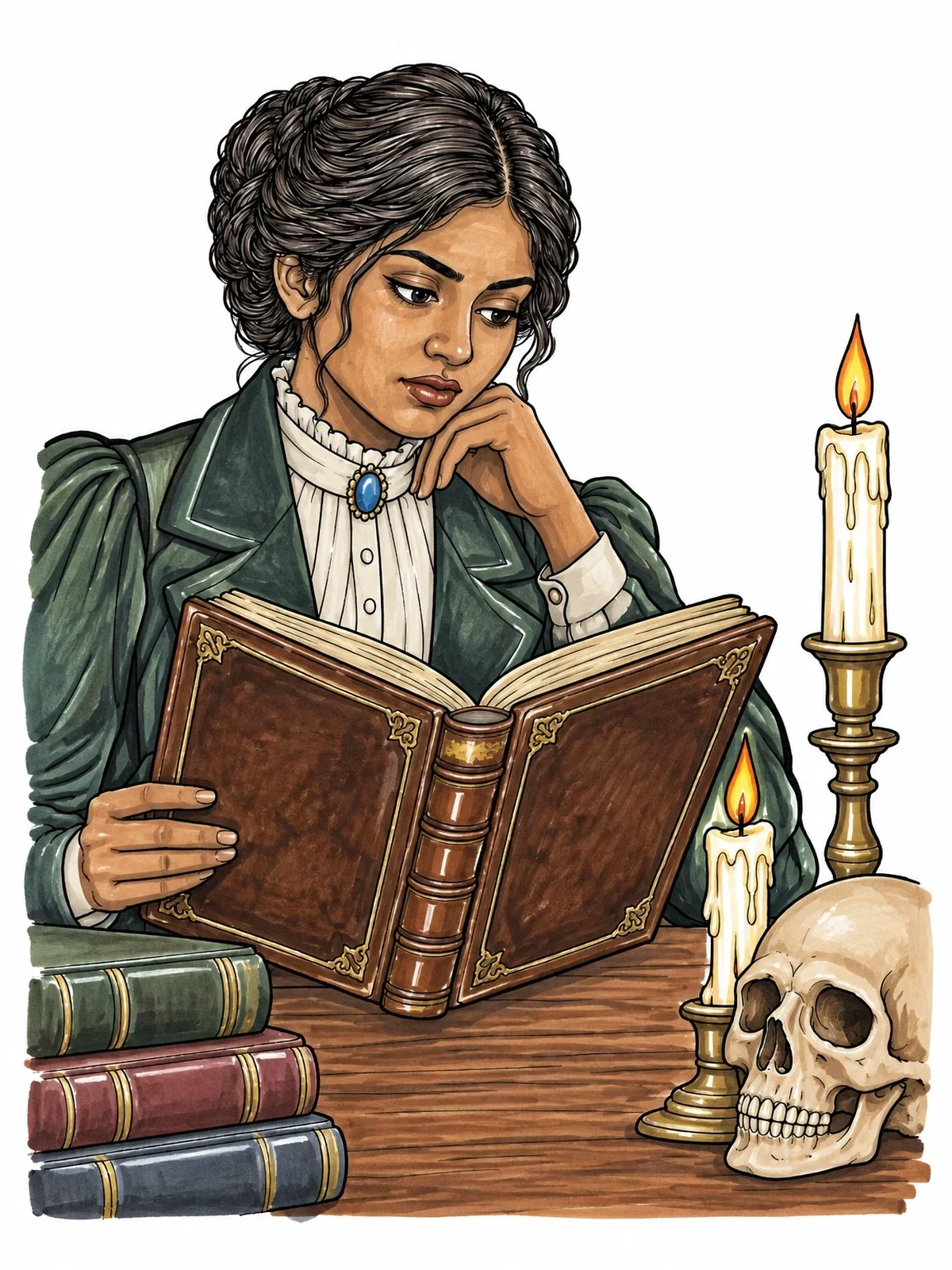 Colored example of the Victorian Scholar With Book And Skull coloring page